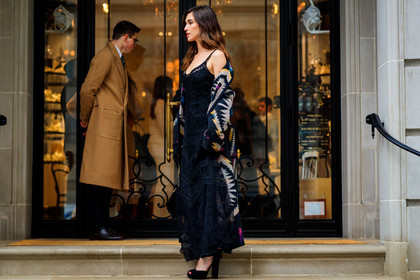 black bag, black dress, black shoes, graphic jacket, high heels, leather bag, leather shoes, multicolor jacket, off the shoulder, patchwork, printed jacket, frenchystyle, jonathan paciullo, street style, NYFW, NEW YORK, AUTUMN WINTER 2019-2020, AW 19-20, FALL WINTER 2019-2020, FW 19-20, fashion week, FW, atmosphere details, horizontal, detail