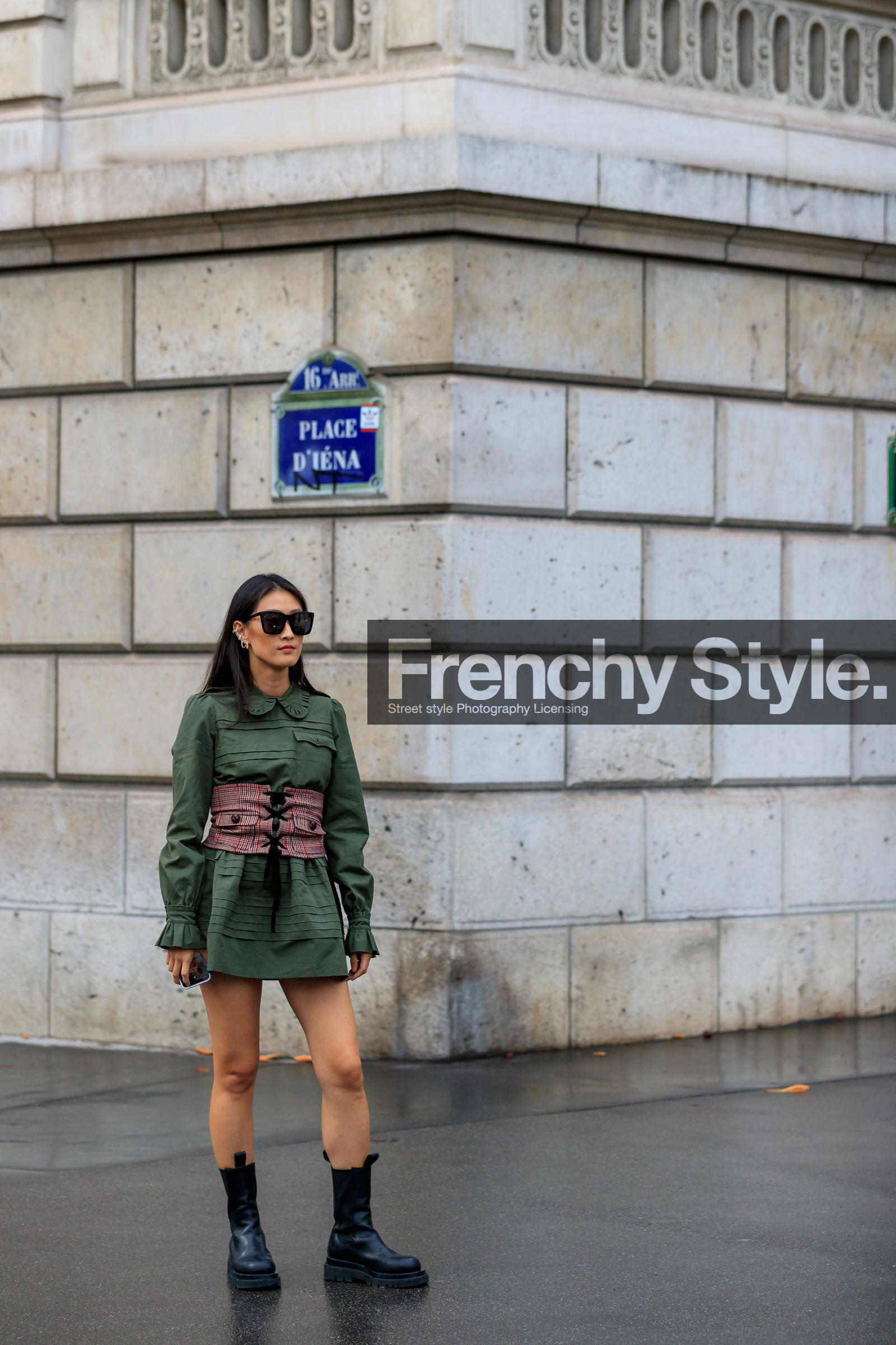 justine lee, kaki dress, mini dress, miu miu dress, miu miu belt, miu miu look, pleated dress, long sleeves dress, corset belt, belted dress, checked belt, laced belt, ruffle dress, black leather boots, flat boots, checked boots, PARIS, PFW, SPRING SUMMER 2020, SS 20, fashion week, frenchystyle, FW, jonathan paciullo, street style, vertical, full length