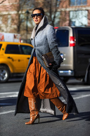 AUTUMN WINTER 2016-2017, AW 16-17, black scarf, camel boots, camel pants, fashion week, frenchystyle, full length, fur coat, FW, FW 16-17, grey coat, high boots, high heels, jonathan paciullo, leather boots, leather clutch, nausheen shah, NEW YORK, NYFW, street style, vertical, woman