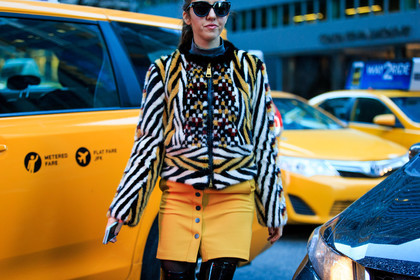 atmosphere details, AUTUMN WINTER 2016-2017, AW 16-17, detail, embroidered jacket, fashion week, frenchystyle, fur jacket, FW, FW 16-17, geometric, graphic, graphic jacket, high boots, high heels, horizontal, jonathan paciullo, mini skirt, multicolor jacket, NEW YORK, NYFW, street style, sunglasses, varnished leather shoes, white fur, woman, yellow skirt, zebra