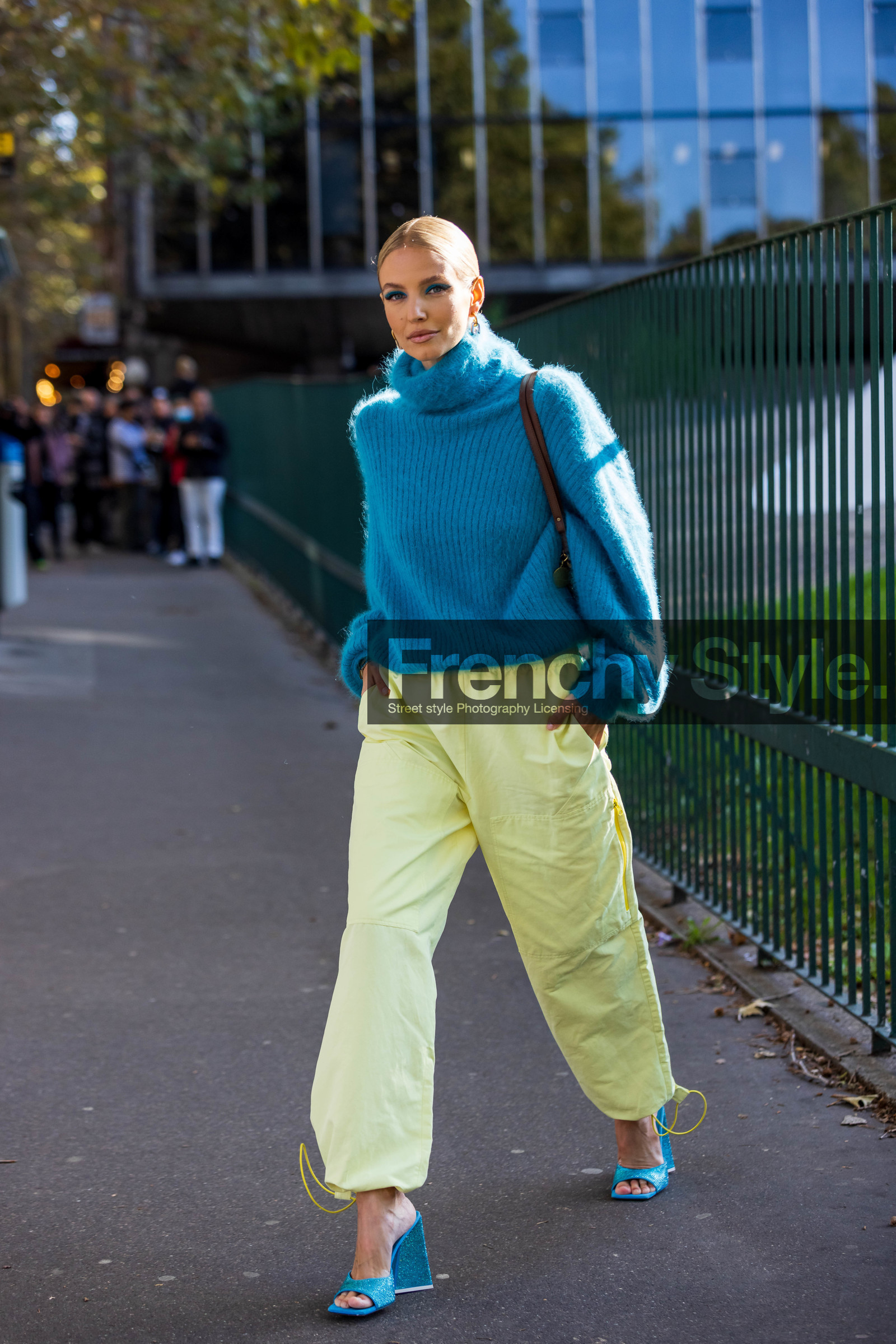 blue sandals, blue turtleneck, knitwear, large pants, Leonie Hanne, pants, sandals, turquoise knitwear, turquoise sandals, turquoise turtleneck, turtleneck, yellow pants, fashion week, frenchystyle, FW, jonathan paciullo, street style, PFW, PARIS, SPRING SUMMER 2022, SS 22, vertical, full length