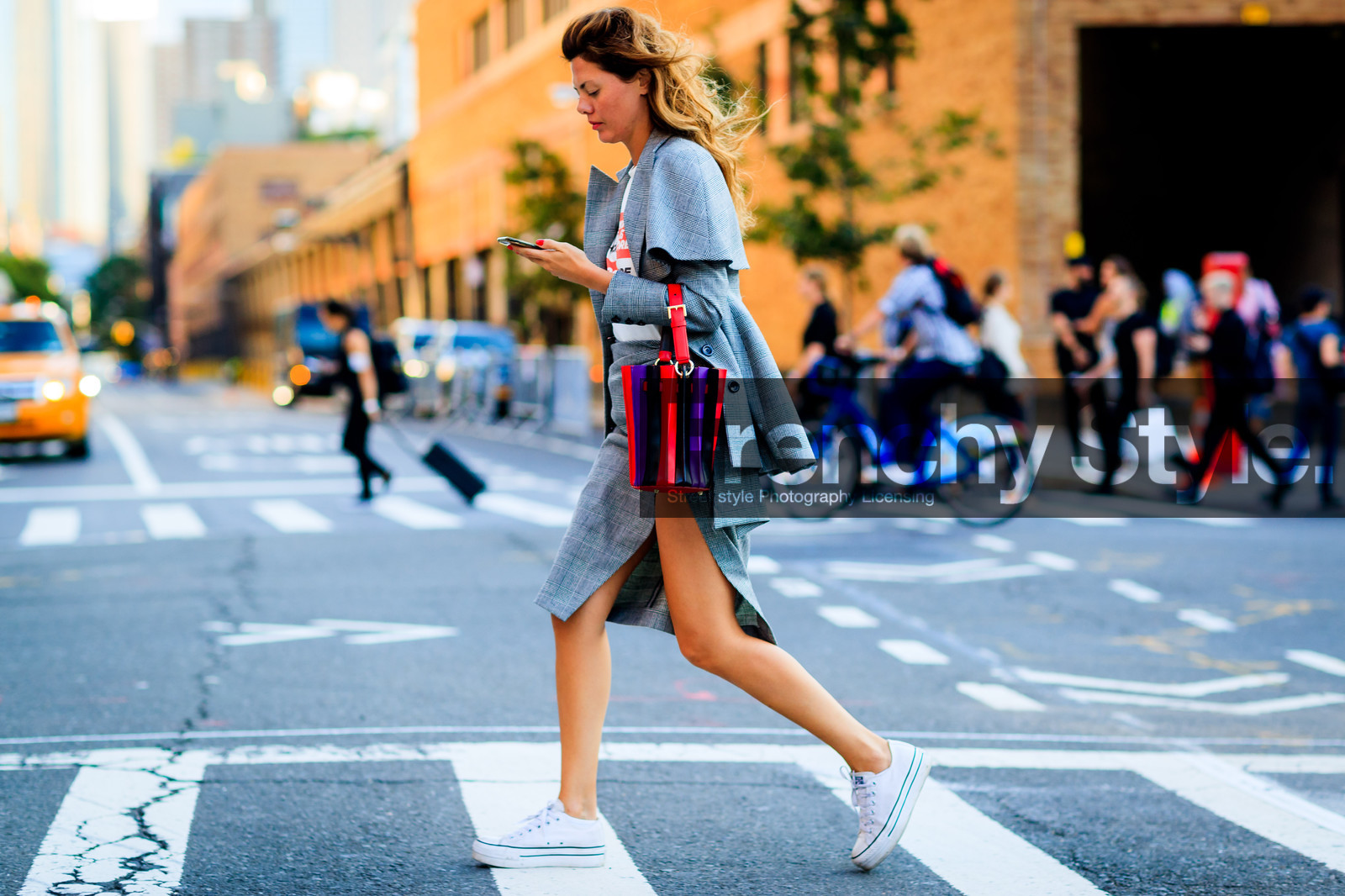 atmosphere details, checked jacket, checked skirt, fashion week, frenchystyle, full length, FW, grey jacket, grey skirt, horizontal, jonathan paciullo, leather bag, multicolor bag, NEW YORK, NYFW, plaid, sara battaglia, sarah battaglia, SPRING SUMMER 2018, SS 18, street style, white sneakers