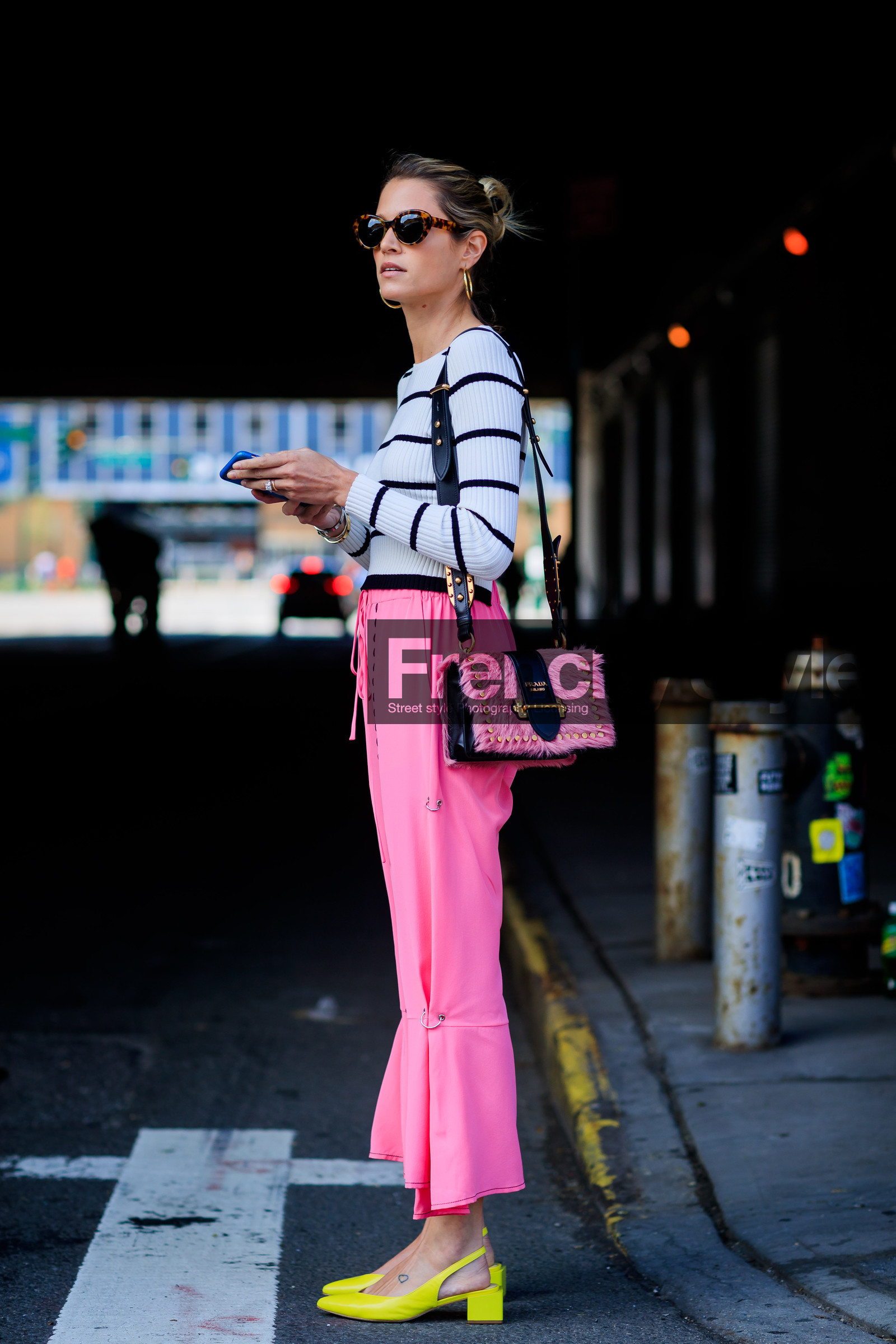 fashion week, frenchystyle, full length, fur bag, FW, geometric, graphic sweater, helena bordon, high heels, iphone, jonathan paciullo, leather bag, leather shoes, NEW YORK, NYFW, pink bag, pink pants, prada, printed sweater, SPRING SUMMER 2018, SS 18, street style, striped top, sunglasses, trousers, vertical, white sweater, yellow shoes