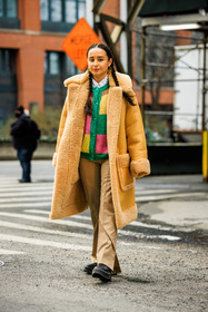 leather coat, beige pants, mustard yellow coat, furry coart, multicolor cardigan, knitted cardigan, creole loops, black shoes, chunky boots, black boots, braided piggy tails, street style, jonathan paciullo, FW, frenchystyle, fashion week, NYFW, NEW YORK, AUTUMN WINTER 2022-2023, FALL WINTER 2022_2023, FW 22-23, vertical, full length