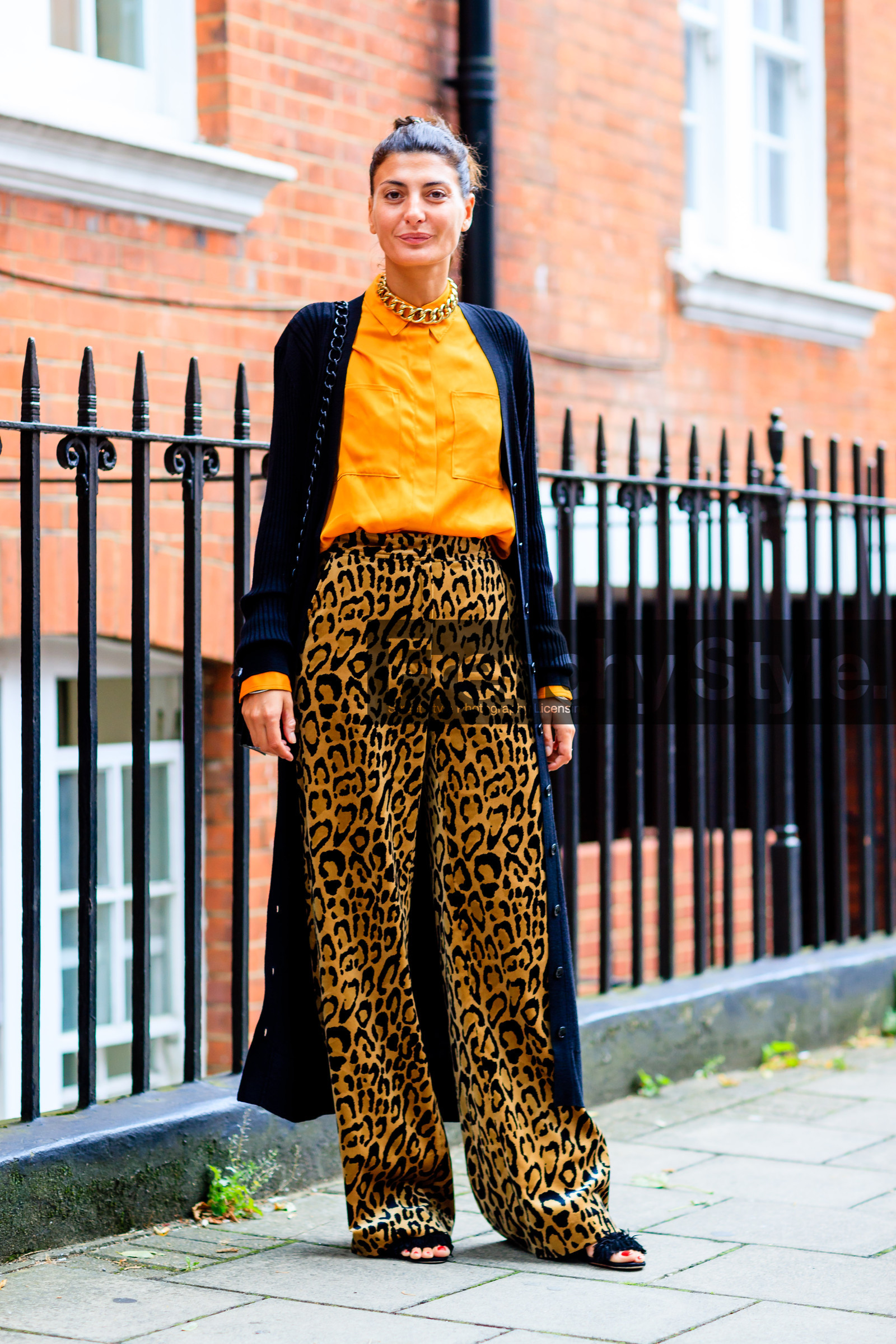 animal print, black bag, black cardigan, brown pants, chains, fashion week, frenchystyle, full length, FW, giovanna battaglia, jonathan paciullo, leather bag, leopard print, LFW, LONDON, necklace, orange shirt, printed pants, SPRING SUMMER 2017, SS 17, street style, trousers, vertical, woman