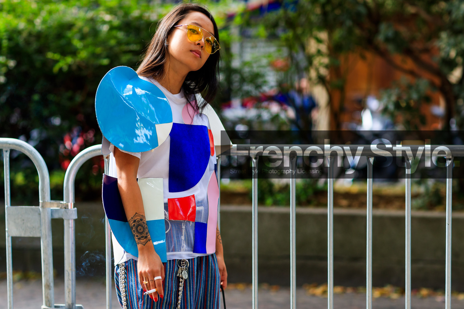 atmosphere details, blue pants, blue top, camera, christina paik, detail, fashion week, frenchystyle, FW, geometric, graphic pants, graphic top, horizontal, jonathan paciullo, junya watanabe, MENSWEAR, PARIS, patchwork, PFW, SPRING SUMMER 2018, SS 18, street style, striped pants, sunglasses, trousers
