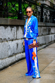 blue jacket, blue pants, embroideries, floral, flowers, graphic bag, graphic jacket, graphic pants, iphone, leather bag, nina suess, printed bag, printed jacket, printed pants, sunglasses, trousers, watch, street style, jonathan paciullo, FW, frenchystyle, fashion week, NYFW, NEW YORK, SPRING SUMMER 2019, SS 19, vertical, full length
