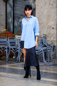 black boots, blue shirt, choker, earrings, fashion week, frenchystyle, full length, FW, high heels, jonathan paciullo, leather shoes, MENSWEAR, necklace, PARIS, PFW, plaid, printed skirt, SPRING SUMMER 2018, SS 18, street style, tartan, vertical