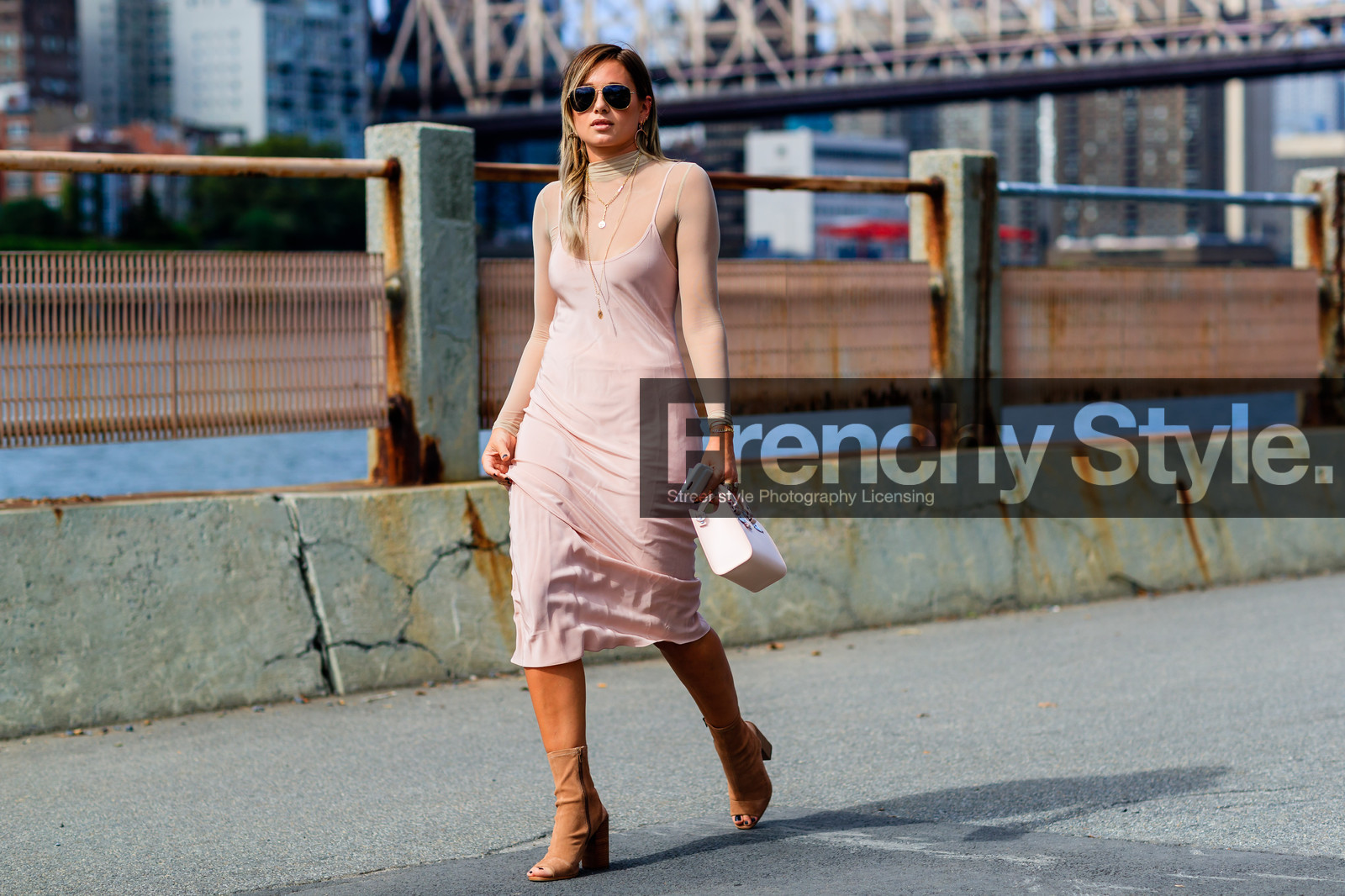 atmosphere details, brown boots, danielle bernstein, fashion week, frenchystyle, full length, FW, high heels, horizontal, jonathan paciullo, leather bag, mini bag, NEW YORK, NYFW, pink bag, pink dress, SPRING SUMMER 2017, SS 17, street style, suede shoes, sunglasses, woman