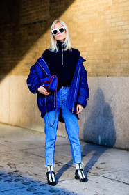 AUTUMN WINTER 2017-2018, AW 17-18, black sweater, blue bag, blue denim, blue jacket, chanel handbag, denim pants, down jacket, FALL WINTER 2017-2018, fashion week, frenchystyle, full length, FW, FW 17-18, graphic shoes, jeans, jonathan paciullo, leather bag, leather shoes, linda tol, louis vuitton, NEW YORK, NYFW, street style, sunglasses, trousers, vertical