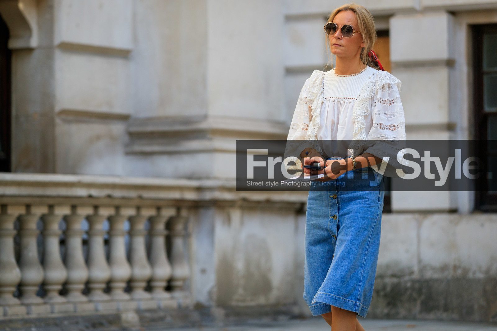 white blouse, lace blouse, ruffle blouse, denim skirt, button skirt, mid long skirt, chloe sunglasses, geometric shape glasses, hermes scarf, fashion week, frenchystyle, FW, jonathan paciullo, street style, atmosphere details, horizontal, detail