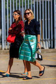 celine sunglasses, celine shoes, black shirt, quilted skirt, bottega veneta skirt, light green skirt, rolex watch, silvered watch, man style watch, wandler bag, black leather bag, white leather bag, hand bag, flat slippers, black leather slippers, plaited shoes, chain belt, striped t-shirt, long sleeves t-shirt, black and red t-shirt, mid long skirt, black skirt, feather details, feather details skirt, prada bag, red bag, crossbody bag, bottega veneta shoes, kitten heels slippers, light blue slippers, light blue leather shoes, fashion week, frenchystyle, FW, jonathan paciullo, street style, vertical, detail, atmosphere details