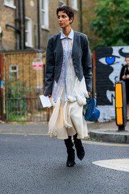 yasmin sewell, black boots, black suede boots, blue leather bag, cropped jacket, dark grey jacket, drape shirt, geometrical heel, j w anderson bag, knot details, lace shirt, light blue shirt, long shirt, mid long skirt, sheer shirt, silk skirt, white skirt, fashion week, frenchystyle, FW, jonathan paciullo, street style, vertical, full length