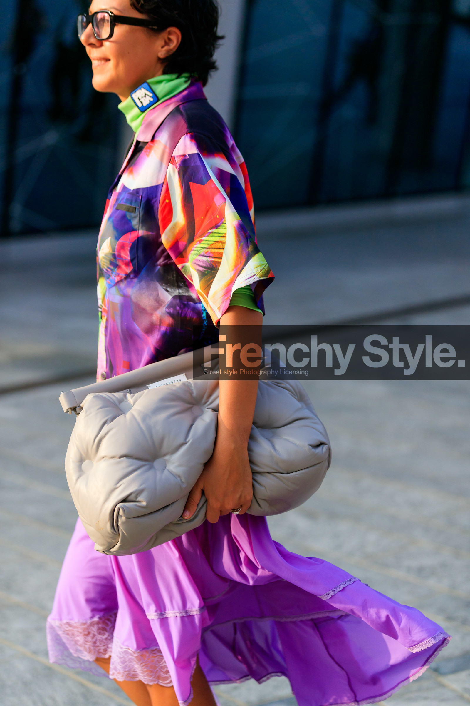 purple skirt, purple shirt, lilac skirt, lace shirt, short sleeves shirt, multicolor shirt, prada shoes, prada shirt, prada top, turtleneck top, neon green top, mid long skirt, margiela bag, quilted bag, light grey leather bag, fashion week, frenchystyle, FW, jonathan paciullo, street style, MFW, MILAN, SPRING SUMMER 2020, SS 20