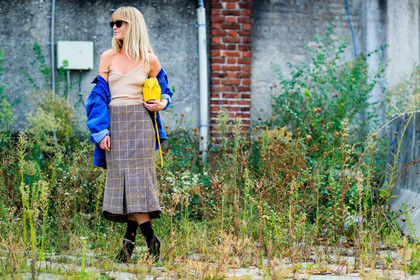 atmosphere details, beige skirt, beige top, blue denim, brown skirt, checked skirt, denim jacket, elephants, fashion week, frenchystyle, full length, FW, graphic bag, graphic skirt, high heels, horizontal, jonathan paciullo, leather bag, leather shoes, loewe, MFW, MILAN, off the shoulder, plaid, SPRING SUMMER 2017, SS 17, street style, sunglasses, yellow bag