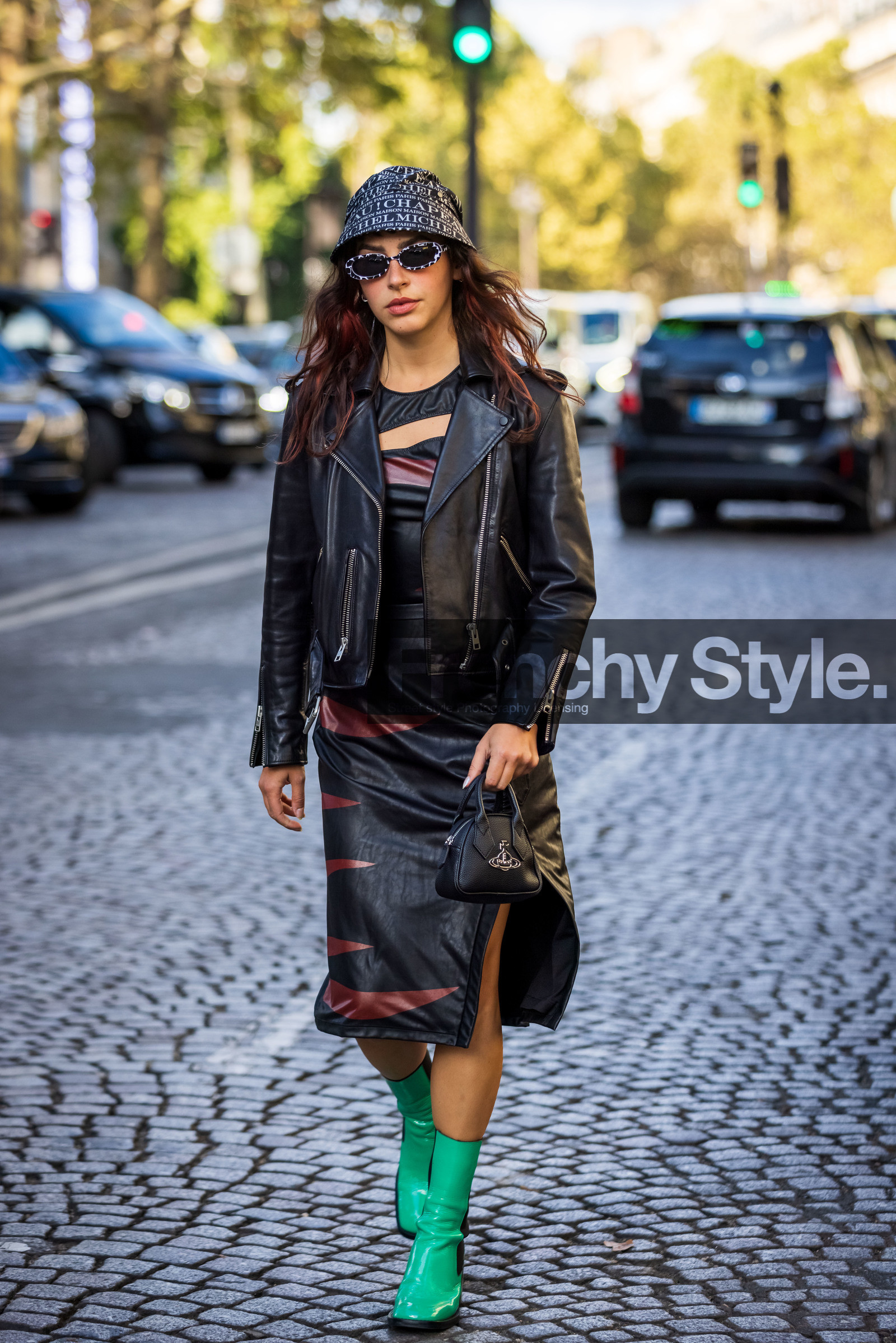 animal print, bag, Barbara Malewicz, black and white sunglasses, black bag, black bob, black dress, black perfecto, bob, dress, leather bag, leather dress, leather perfecto, maison michel hat, perfecto, print, printed bob, printed dress, sunglasses, street style, jonathan paciullo, FW, frenchystyle, fashion week, PFW, PARIS, SPRING SUMMER 2022, SS 22, vertical, full length