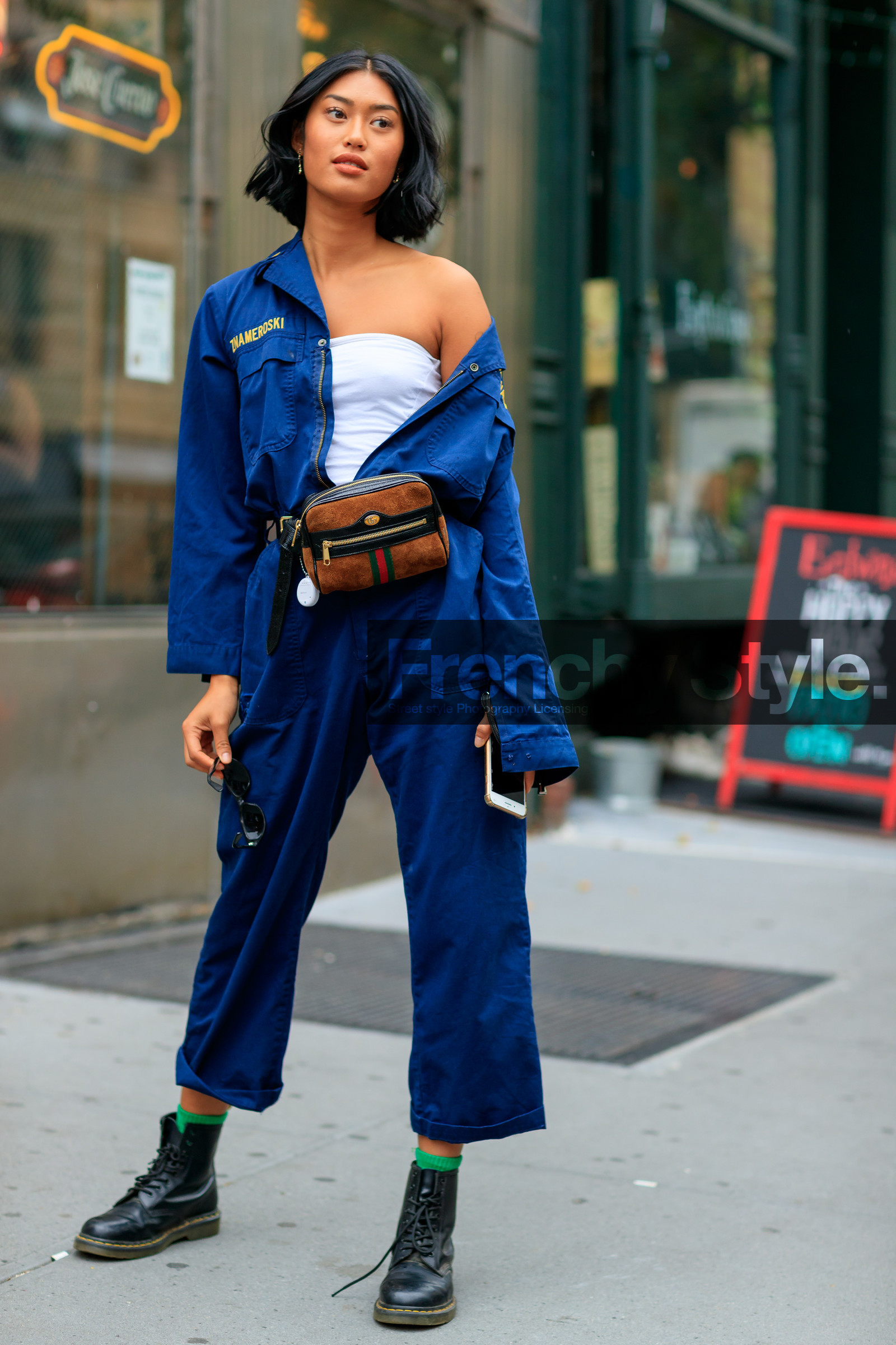black shoes, blue jumpsuit, blue overall, brown bag, bustier top, fanny pack, graphic bag, gucci, leather bag, leather shoes, printed bag, trousers, white top, street style, jonathan paciullo, FW, frenchystyle, fashion week, NYFW, NEW YORK, SPRING SUMMER 2019, SS 19, vertical, full length
