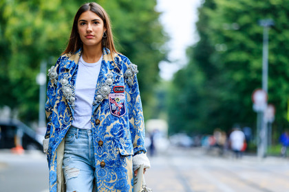atmosphere details, blue coat, blue denim, brocard, brooch, denim pants, detail, embroidered coat, fashion week, frenchystyle, FW, horizontal, jeans, jonathan paciullo, leather bag, MFW, MILAN, miu miu, overcoat, patricia manfield, pearls, printed coat, ripped pants, SPRING SUMMER 2017, SS 17, street style, trousers, white bag, white t shirt