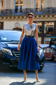 black bag, black belt, blue denim, denim skirt, fendi, high heels, leather bag, leather belt, leather shoes, paco rabanne, shiny shoes, shiny top, silver shoes, silver top, sunglasses, fashion week, frenchystyle, FW, jonathan paciullo, street style, PFW, PARIS, vertical, full length, AUTUMN WINTER 2018-2019, FALL WINTER 2018-2019, FW 18-19, giovanna battaglia