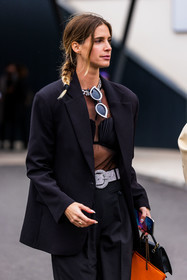 belt, black blazer, black pants, blazer, braid tail, hairstyle, pants, silver belt, strass belt, strass sunglasses, sunglasses, transparent top, fashion week, frenchystyle, FW, jonathan paciullo, street style, PFW, PARIS, SPRING SUMMER 2022, SS 22, vertical, atmosphere details