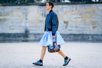 atmosphere details, black socks, blue dress, blue jacket, blue shoes, bomber jacket, brown bag, dr martens, fashion week, frenchystyle, full length, FW, horizontal, jonathan paciullo, leather bag, leather shoes, louis vuitton, monogram, PARIS, PFW, printed bag, printed shoes, sarah lerfel, SPRING SUMMER 2017, SS 17, street style