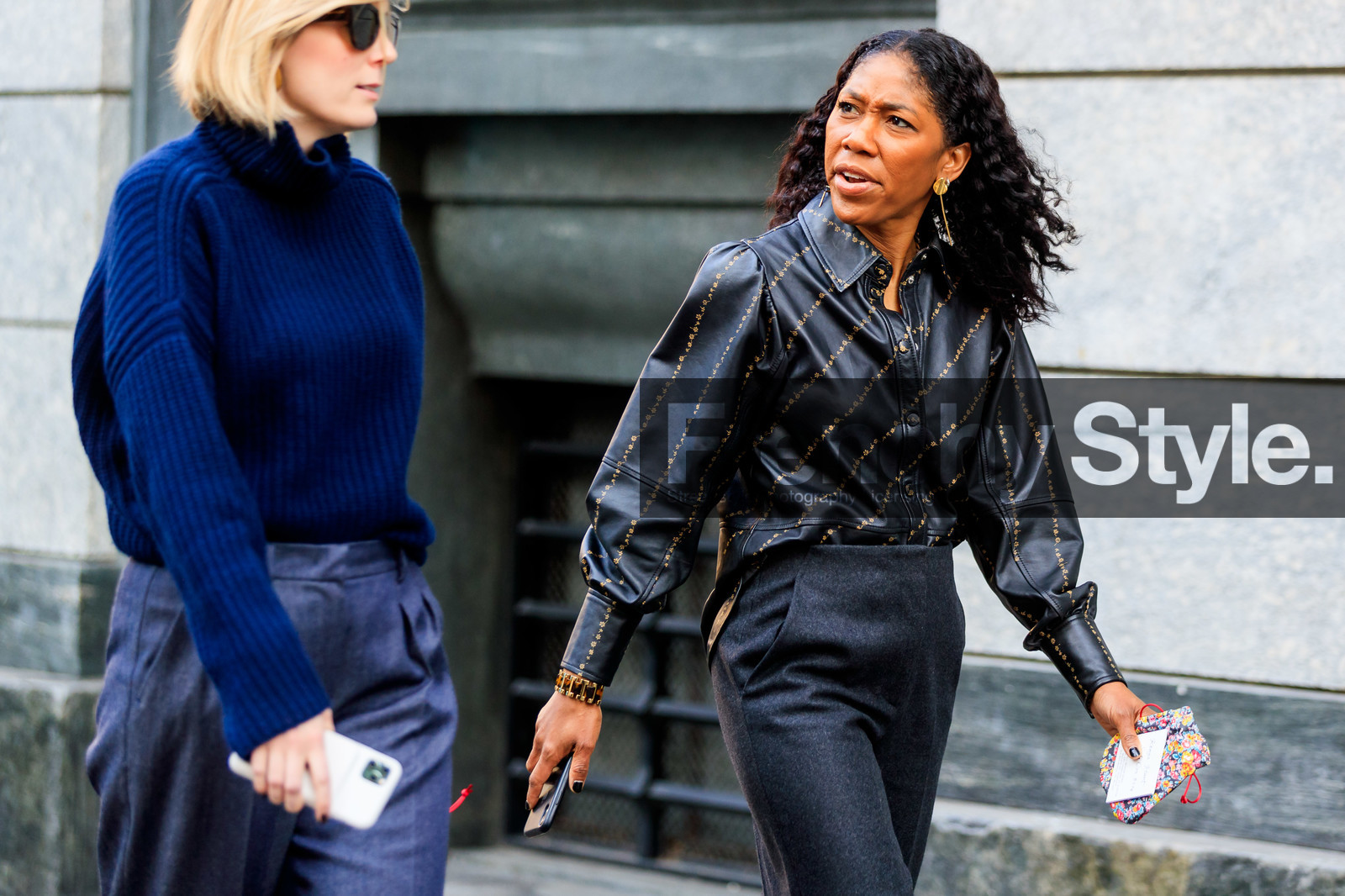 black leather shirt, floral printed shirt, grey pants, dangling earrings, golden earrings, fashion week, frenchystyle, FW, jonathan paciullo, street style, MFW, MILAN, AUTUMN WINTER 2020-2021, FALL WINTER 2020-2021, FW 20-21, horizontal, atmosphere details, detail