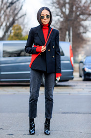 AUTUMN WINTER 2017-2018, AW 17-18, black boots, black denim, black jacket, black shoes, blazer, denim pants, FALL WINTER 2017-2018, fashion week, frenchystyle, full length, FW, FW 17-18, high heels, jeans, jonathan paciullo, leather shoes, MFW, MILAN, red bag, red sweater, street style, sunglasses, trousers, varnished leather shoes, vertical, yoyo cao
