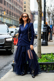 black bag, black shoes, blazer, blue skirt, glitter, high boots, high heels, leather bag, leather shoes, navy jacket, sequined bag, shiny bag, sunglasses, tulle, frenchystyle, jonathan paciullo, street style, NYFW, NEW YORK, AUTUMN WINTER 2019-2020, AW 19-20, FALL WINTER 2019-2020, FW 19-20, fashion week, FW, vertical, full length