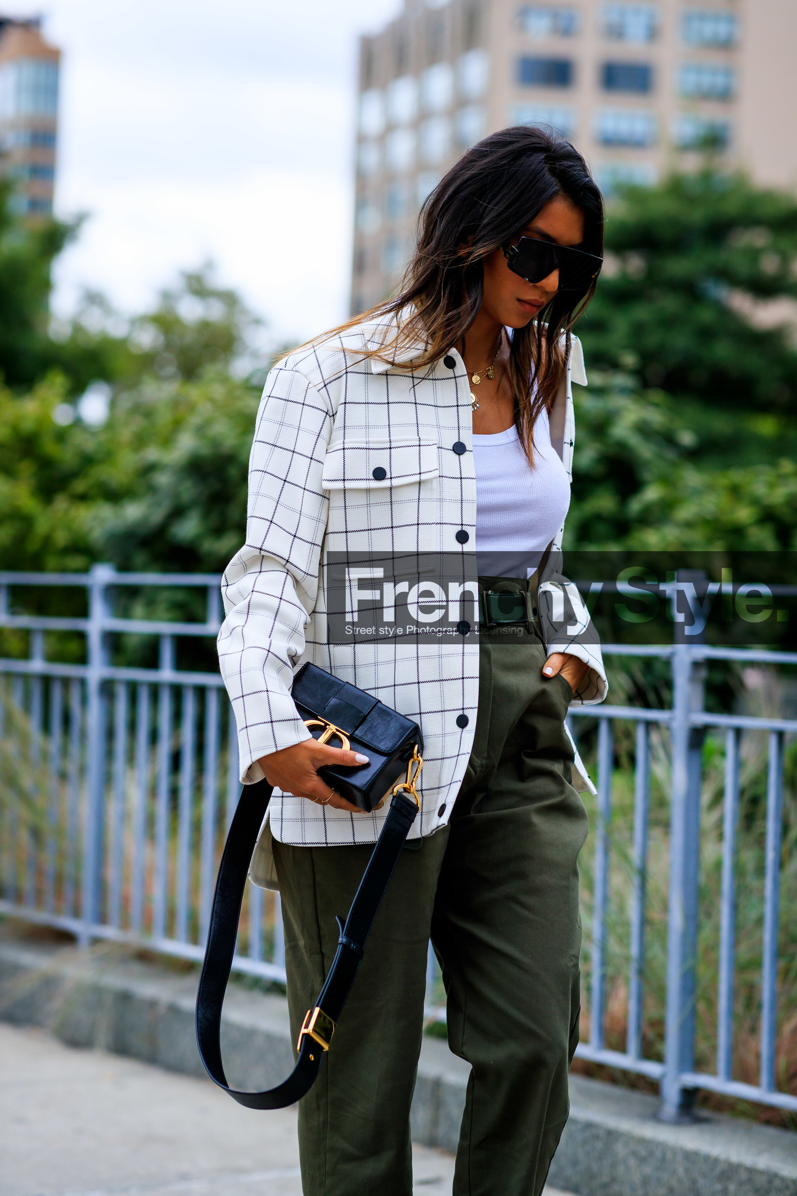 black bag, checked, christian dior, graphic jacket, green pants, leather bag, necklace, plaid, printed jacket, printed shirt, sunglasses, trousers, white shirt, white tank top, fashion week, frenchystyle, FW, jonathan paciullo, street style, NEW YORK, NYFW, SPRING SUMMER 2020, SS 20, vertical, detail, atmosphere details