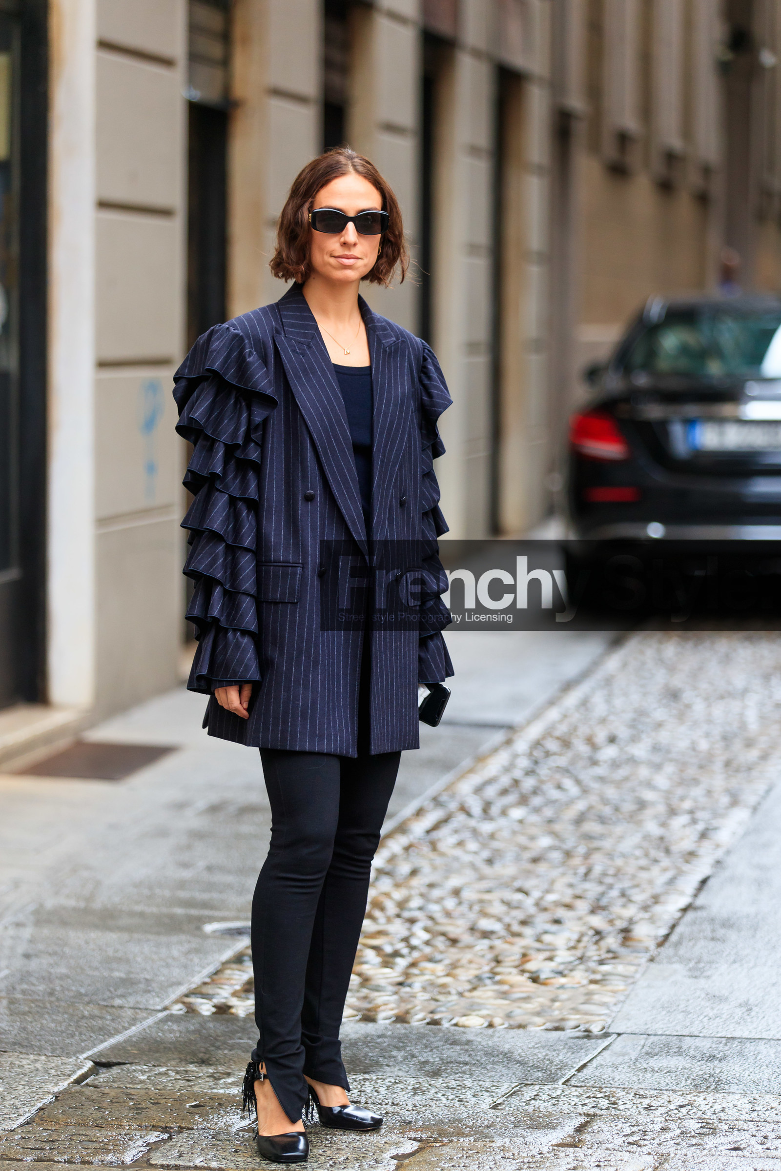 navy blue jacket, striped jacket, ruffle jacket, black pants, slim fit pants, black leather shoes, mary jane shoes, fringe shoes, black sunglasses, square shape glasses, erika boldrin, street style, jonathan paciullo, FW, frenchystyle, fashion week, MFW, MILAN, SPRING SUMMER 2021, SS 21, vertical, full length
