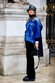 alexandra golovanoff, black hat, black pants, black leather bag, black polish bag, hand bag, mini bag, balenciaga bag, sheer hat, plastic hat, maison michel hat, denim, denim jacket, blue jacket, blue pullover, knit jacket, asymetrical jacket, velvet pants, black leather boots, flat boots, stella mccartney jacket, fashion week, frenchystyle, FW, jonathan paciullo, street style, PFW, PARIS, vertical, full length