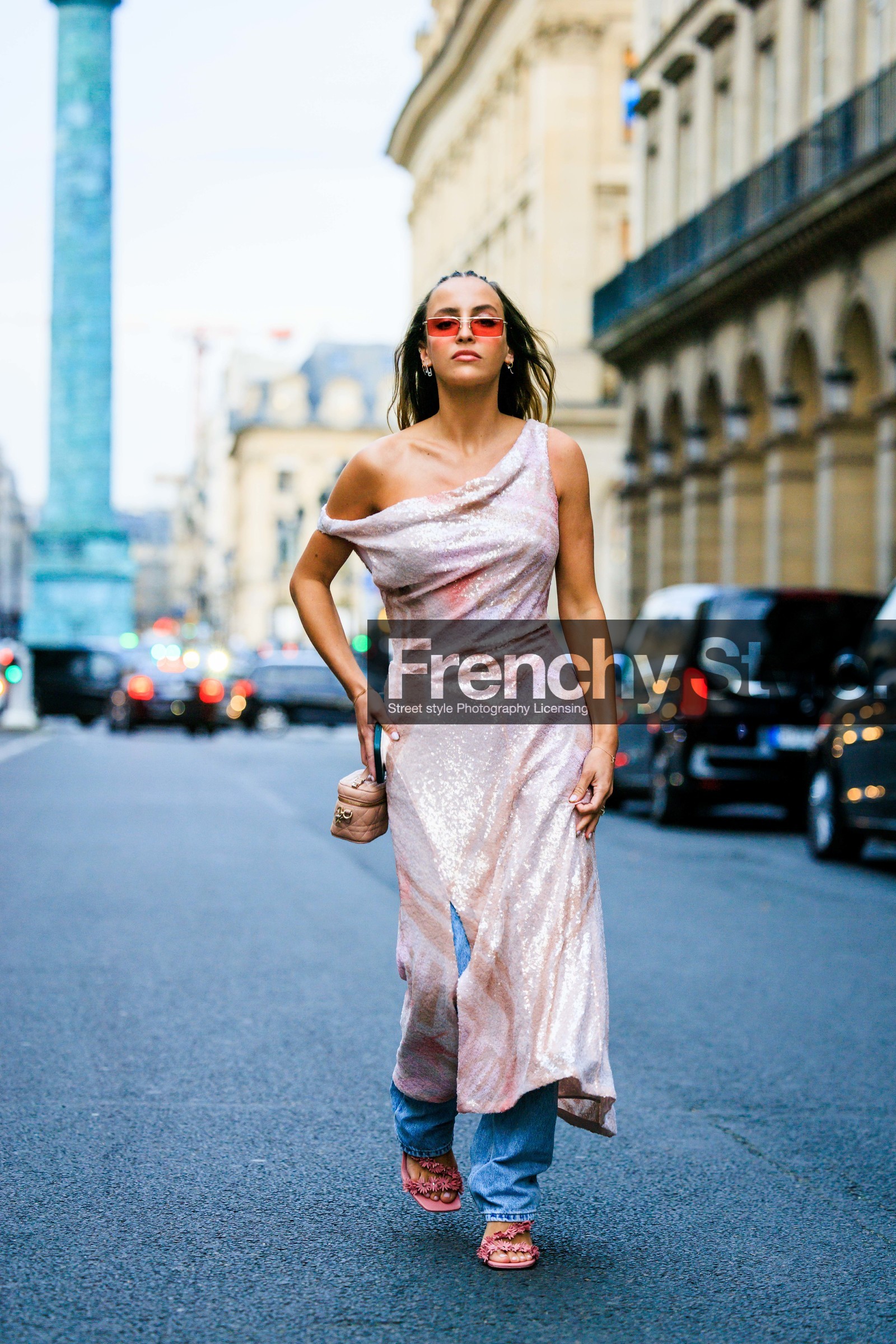 floral sandals, pink sandals, red sunglasses, prink dress, midi dress, mini dior bad, pink bag, sequins dress, pastel pink dress, jeans, carla ginola, fashion week, frenchystyle, FW, jonathan paciullo, street style, AUTUMN WINTER 2022-2023, FALL WINTER 2022_2023, FW 22-23, PFW, PARIS, vertical, full length