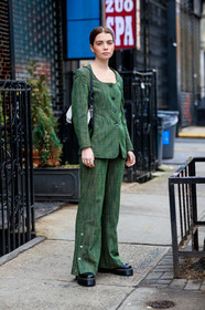 black and white bag, black shoes, graphic bag, green jacket, green pants, green suit, leather bag, leather shoes, molly and reese blustein, prada, printed bag, trousers, frenchystyle, jonathan paciullo, street style, NYFW, NEW YORK, AUTUMN WINTER 2019-2020, AW 19-20, FALL WINTER 2019-2020, FW 19-20, fashion week, FW, vertical, full length