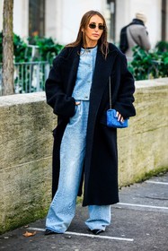 black coat, fluffy coat, black sunglasses, silver earrings, pastel blue cardigan, buttoned cardigan, light blue jeans, baggy jeans, chanel bag, blue handbag, small bag, black heels, black shoes, fashion week, frenchystyle, FW, jonathan paciullo, street style, PFW, PARIS, menswear, AUTUMN WINTER 2022-2023, FALL WINTER 2022-2023, FW 22-23, full length, vertical