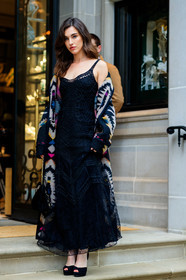 black bag, black dress, black shoes, graphic jacket, high heels, leather bag, leather shoes, multicolor jacket, off the shoulder, patchwork, printed jacket, frenchystyle, jonathan paciullo, street style, NYFW, NEW YORK, AUTUMN WINTER 2019-2020, AW 19-20, FALL WINTER 2019-2020, FW 19-20, fashion week, FW, vertical, full length