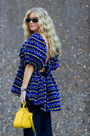 emili sindlev, gucci sunglasses, black sunglasses, knit top, multicolor top, loewe bag, mini bag, hand bag, yellow leather bag, black pants, rolex watch, silvered and golden watch, fashion week, frenchystyle, FW, jonathan paciullo, street style, vertical, detail, atmosphere details