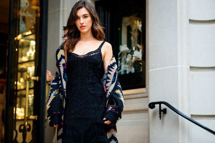 black dress, graphic jacket, multicolor jacket, off the shoulder, patchwork, printed jacket, frenchystyle, jonathan paciullo, street style, NYFW, NEW YORK, AUTUMN WINTER 2019-2020, AW 19-20, FALL WINTER 2019-2020, FW 19-20, fashion week, FW, atmosphere details, horizontal, detail