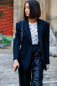 alexandra guerain, black jacket, black pants, marine serre top, white top, monogrammed top, tight top, jogging pants, fashion week, frenchystyle, FW, jonathan paciullo, street style, PFW, PARIS, SPRING SUMMER 2020, SS 20, horizontal, atmosphere details, detail
