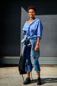 black bag, black sneakers, blue denim, blue shirt, denim jacket, denim pants, fashion week, frenchystyle, full length, FW, graphic shirt, jeans, jonathan paciullo, leather bag, model, NEW YORK, NYFW, SPRING SUMMER 2018, SS 18, street style, striped shirt, stripes, trousers, vertical