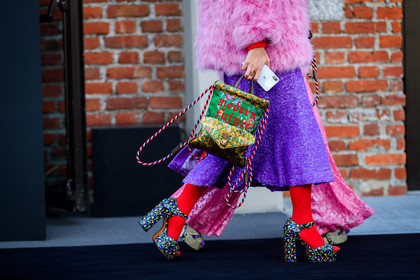 chinese print, floral, flowers, fur jacket, glitter, graphic bag, gucci, high heels, japanese print, leather bag, leather shoes, multicolor bag, pink fur, pink jacket, pink pants, printed bag, printed shoes, purple skirt, red sweater, rings, sequined pants, sequined skirt, shiny pants, shiny skirt, tights, fashion week, frenchystyle, FW, jonathan paciullo, street style, MFW, MILAN, AUTUMN WINTER 2018-2019, FALL WINTER 2018-2019, FW 18-19, horizontal, atmosphere details, Ami and Aya Suzuki