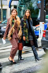sylvia haghjoo, julia haghjoo, red jacket, red pants, red suits, checked jacket, checked pants, checked suits, feather scarf, beige scarf, striped scarf, green scarf, black scarf, belted jacket, chloe bag, brown leather bag, hand bag, miu miu shoes, miu miu scarf, black suede slippers, kitten heels slippers, big buckle shoes, dark grey coat, military printed scarf, black leather boots, high boots, high heels boots, PARIS, PFW, SPRING SUMMER 2020, SS 20, fashion week, frenchystyle, FW, jonathan paciullo, street style, vertical, full length