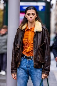 bag, belt, black belt, blue denim, blue jean, bomber, brown bomber, brown jacket, denim, jacket, jean, leather belt, leather jacket, orange shirt, shirt, fashion week, frenchystyle, FW, jonathan paciullo, street style, PFW, PARIS, SPRING SUMMER 2022, SS 22, vertical, atmosphere details