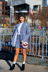 beret, black hat, black shoes, blue jacket, blue skirt, chanel, chanel handbag, checked, graphic bag, graphic jacket, graphic skirt, high heels, leather bag, leather shoes, nike, plaid, printed bag, printed jacket, printed skirt, sarah ellen, turtleneck sweater, white bag, white socks, white sweater, street style, jonathan paciullo, frenchystyle, NYFW, NEW YORK, AUTUMN WINTER 2019-2020, AW 19-20, FALL WINTER 2019-2020, FW 19-20, fashion week, FW, vertical, full length