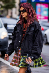 black denim, black jacket, black jean, check, checked skirt, color, denim jacket, jacket, jean, mini skirt, print, red skirt, red top, skirt, sunglasses, top, yellow skirt, fashion week, frenchystyle, FW, jonathan paciullo, street style, PFW, PARIS, SPRING SUMMER 2022, SS 22, vertical, atmosphere details