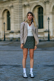 veronika heilbrunner, light beige jacket, green skirt, monogrammed skirt, mini skirt, louis vuitton skirt, louis vuitton shoes, louis vuitton pullover, white socks, white leather shoes, flat shoes, laced shoes, light beige pullover, low necked pullover, zipped pullover, PARIS, PFW, SPRING SUMMER 2020, SS 20, fashion week, frenchystyle, FW, jonathan paciullo, street style, vertical, full length