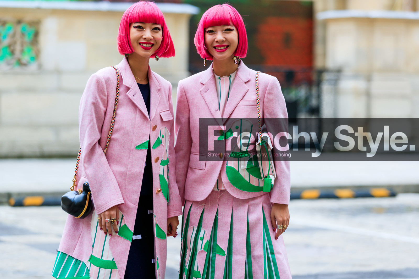 Ami and Aya Suzuki, light pink coat, light pink jacket, light pink skirt, embroidered jacket, embroidered coat, embroidered skirt, embroidered boots, green jacket, green coat, green skirt, striped coat, striped jacket, striped skirt, animal print jacket, animal print coat, animal printed boots, animal printed skirt, pleated skirt, animal shape bag, black leather bag, shoulder bag, golden chain strap bag, striped bag, light pink leather bag, green leather bag, pink hair, dyed hair, pink eyeliner, pink eyeshadows, make up details, make up, strassed earrings, dangling earrings, thom browne look, thom browne jacket, thom browne coat, thom browne skirt, thom browne boots, thom browne bag, fashion week, frenchystyle, FW, jonathan paciullo, street style, PFW, PARIS, SPRING SUMMER 2020, SS 20, horizontal, atmosphere details, detail