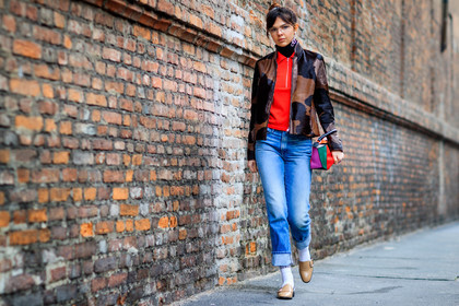 atmosphere details, AUTUMN WINTER 2017-2018, AW 17-18, beige shoes, blue denim, brown jacket, denim pants, doina ciobanu, earrings, FALL WINTER 2017-2018, fashion week, frenchystyle, full length, FW, FW 17-18, graphic bag, horizontal, jeans, jonathan paciullo, leather bag, loewe, MFW, MILAN, multicolor bag, patchwork, printed bag, printed jacket, red sweater, street style, trousers, white socks