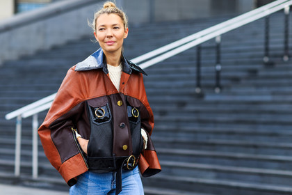 atmosphere details, AUTUMN WINTER 2016-2017, AW 16-17, blue denim, brown jacket, denim pants, detail, FALL WINTER 2016-2017, fashion week, frenchystyle, FW, FW 16-17, horizontal, jeans, jonathan paciullo, leather jacket, PARIS, patchwork, PFW, ripped pants, street style, studs, trousers, vêtements