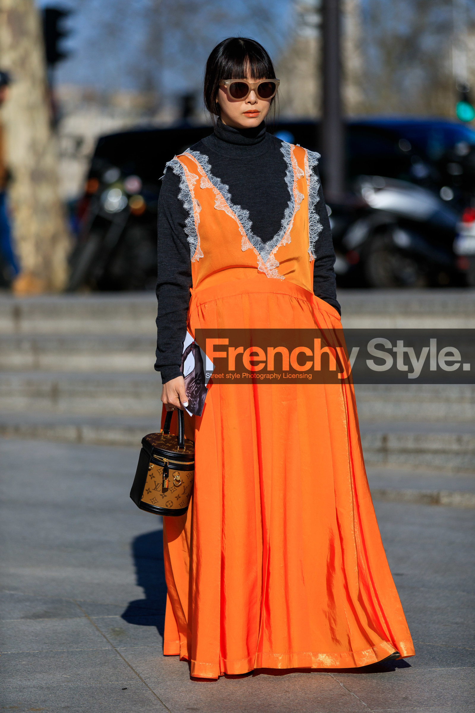 black sweater, brown bag, graphic bag, leather bag, louis vuitton, maiko shibata, monogram, orange dress, printed bag, sunglasses, turtleneck sweater, PARIS, PFW, street style, jonathan paciullo, FW, frenchystyle, fashion week, AUTUMN WINTER 2019-2020, AW 19-20, FALL WINTER 2019-2020, FW 19-20, vertical, full length