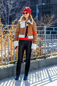 balenciaga, black pants, black shoes, brown jacket, fur collar, leather jacket, leather pants, leather shoes, off white, printed sweater, red beanie, red sweater, shearling, sunglasses, trousers, fashion week, frenchystyle, FW, jonathan paciullo, street style, NYFW, NEW YORK, AUTUMN WINTER 2018-2019, AW 18-19, FALL WINTER 2018-2019, FW 18-19, vertical, full length, jessica minkoff
